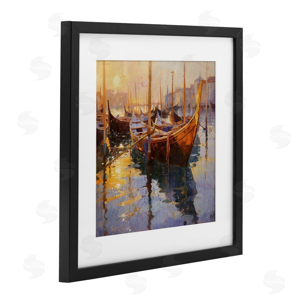 Marta Wiley Venetian Gondolas in Golden Light Black Framed Print Under Glass Wall Art