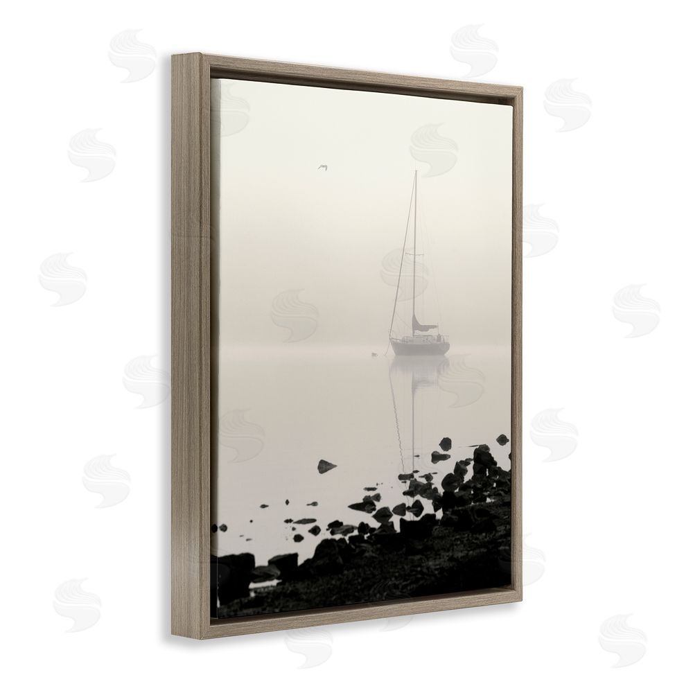Nicholas Bell Moored In Fog Brown Floating Frame Canvas Wall Art Print