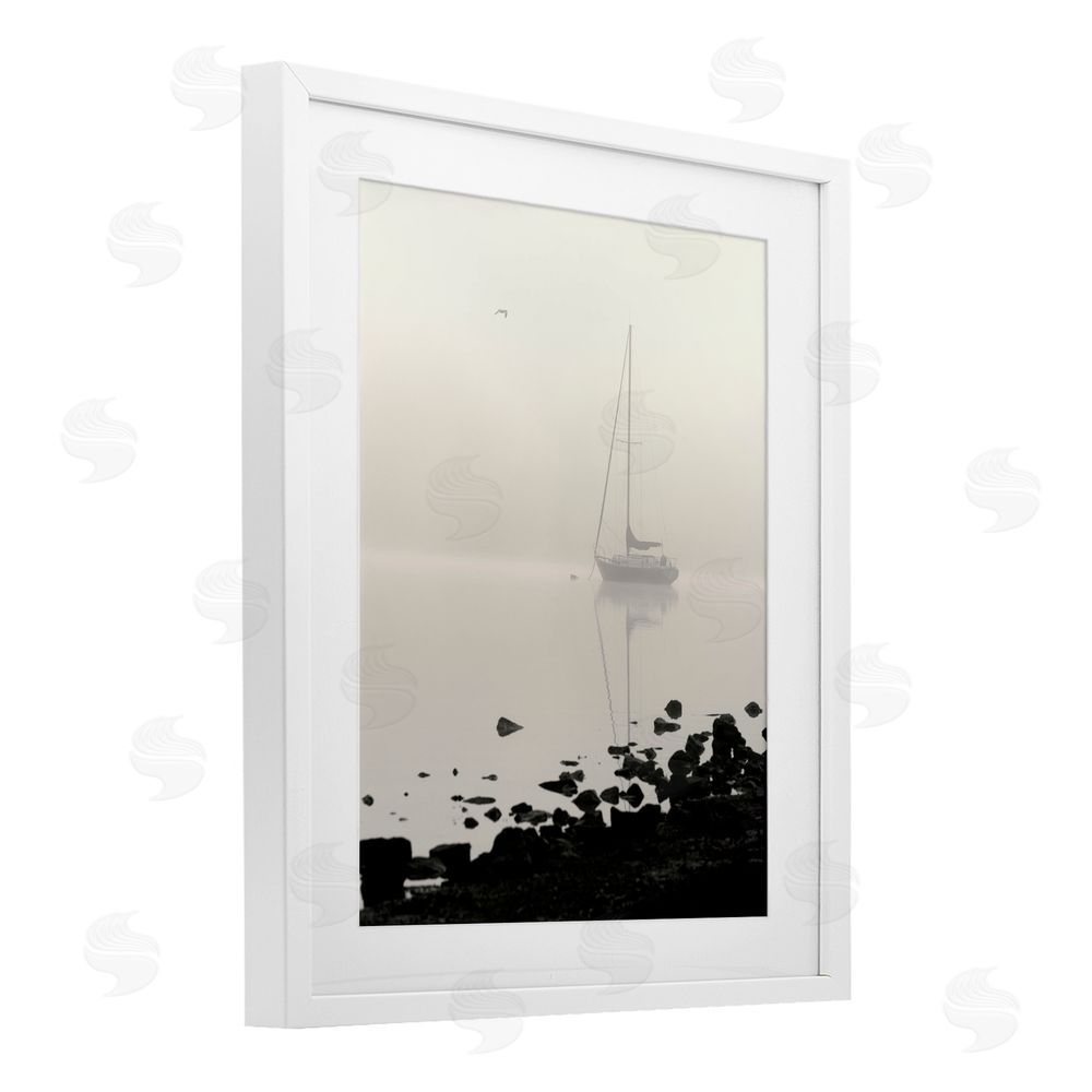 Nicholas Bell Moored In Fog White Framed Print Under Glass Wall Art