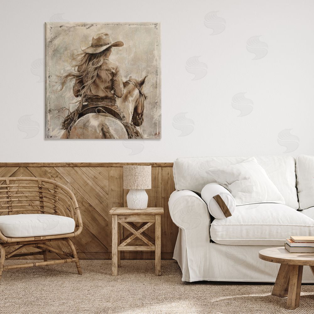 Marta Wiley Windblown Cowgirl on Horseback Stretched Canvas Wall Art in Room