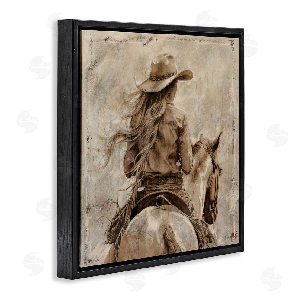 Marta Wiley Windblown Cowgirl on Horseback Black Floating Frame Canvas Wall Art Print