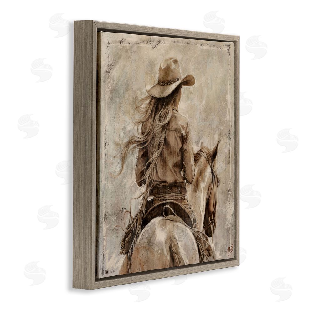 Marta Wiley Windblown Cowgirl on Horseback Brown Floating Frame Canvas Wall Art Print