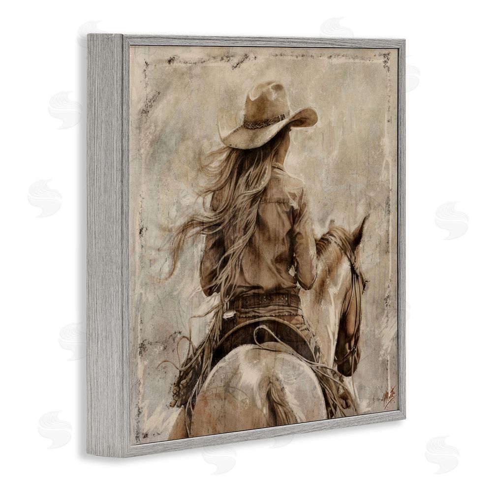 Marta Wiley Windblown Cowgirl on Horseback Gray Framed Giclee Wall Art Print