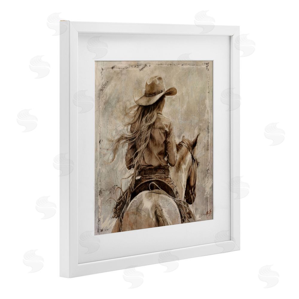 Marta Wiley Windblown Cowgirl on Horseback White Framed Print Under Glass Wall Art