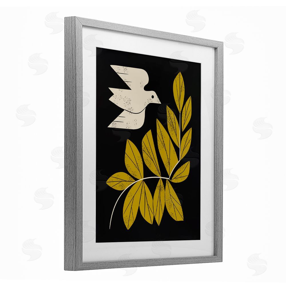 Renea L. Thull Midcentury Dove & Branch Gray Framed Print Under Glass with Mat Wall Art
