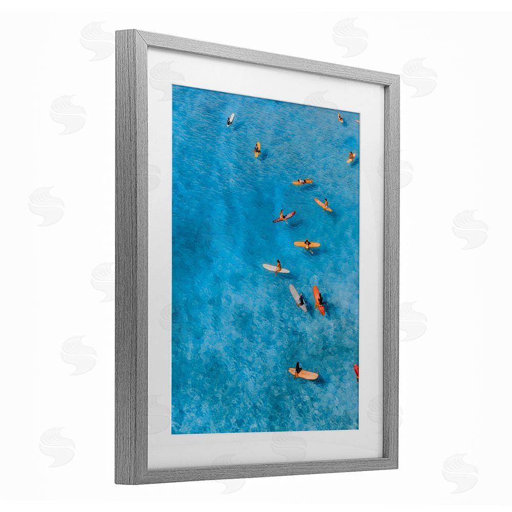 Jesse Keith Leisurely Surfers on Sea Gray Framed Print Under Glass Wall Art
