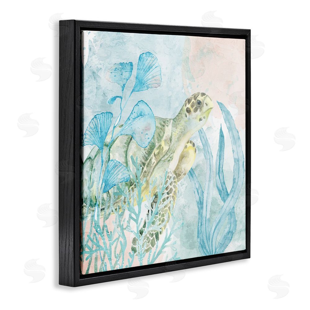 Kim Allen Sea Swim Turtle Black Floating Frame Canvas Wall Art Print