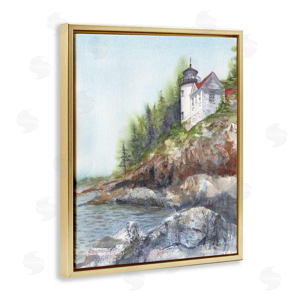 Patti Bishop Bass Harbor Lighthouse Gold Floating Frame Canvas Wall Art Print