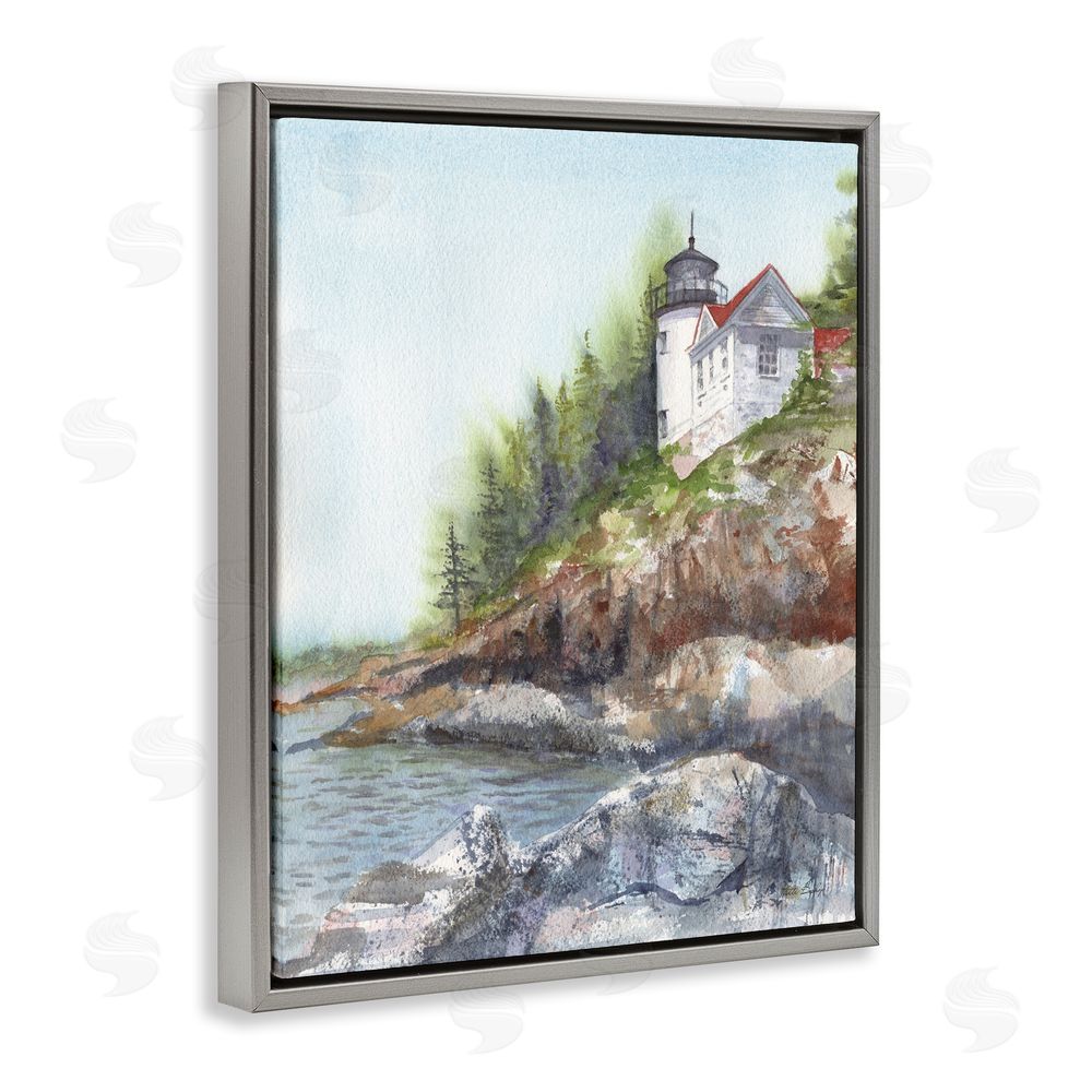 Patti Bishop Bass Harbor Lighthouse Gray Floating Frame Canvas Wall Art Print
