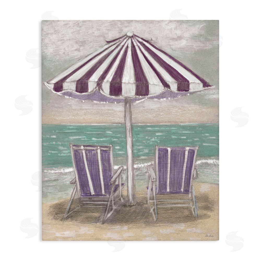 Patti Bishop Umbrella & Chairs on Beach Stretched Canvas Wall Art Print
