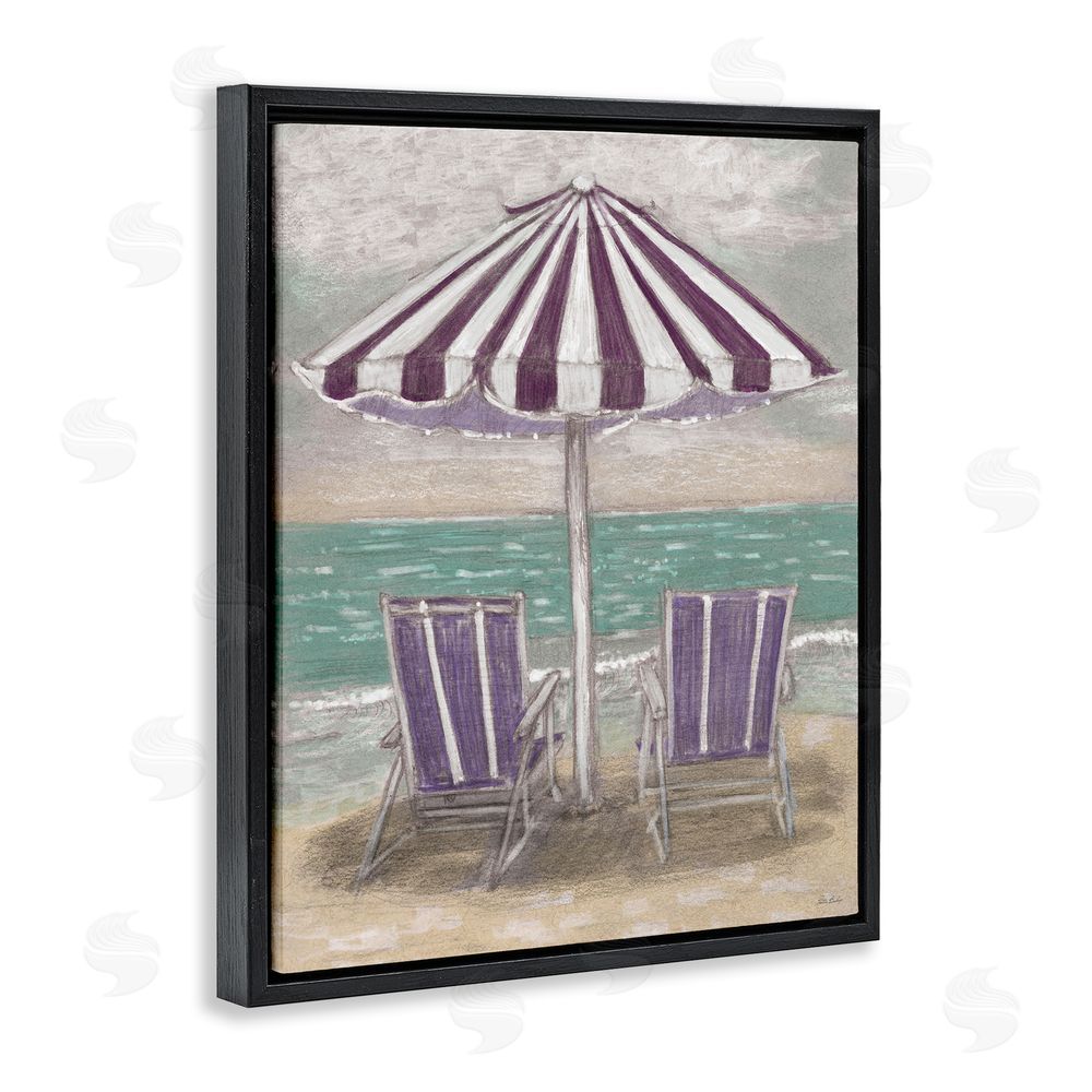 Patti Bishop Umbrella & Chairs on Beach Black Floating Frame Canvas Wall Art Print