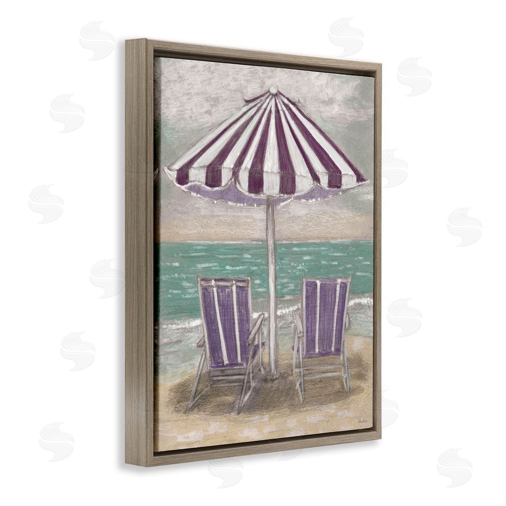 Patti Bishop Umbrella & Chairs on Beach Brown Floating Frame Canvas Wall Art Print
