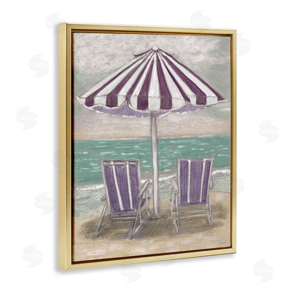 Patti Bishop Umbrella & Chairs on Beach Gold Floating Frame Canvas Wall Art Print