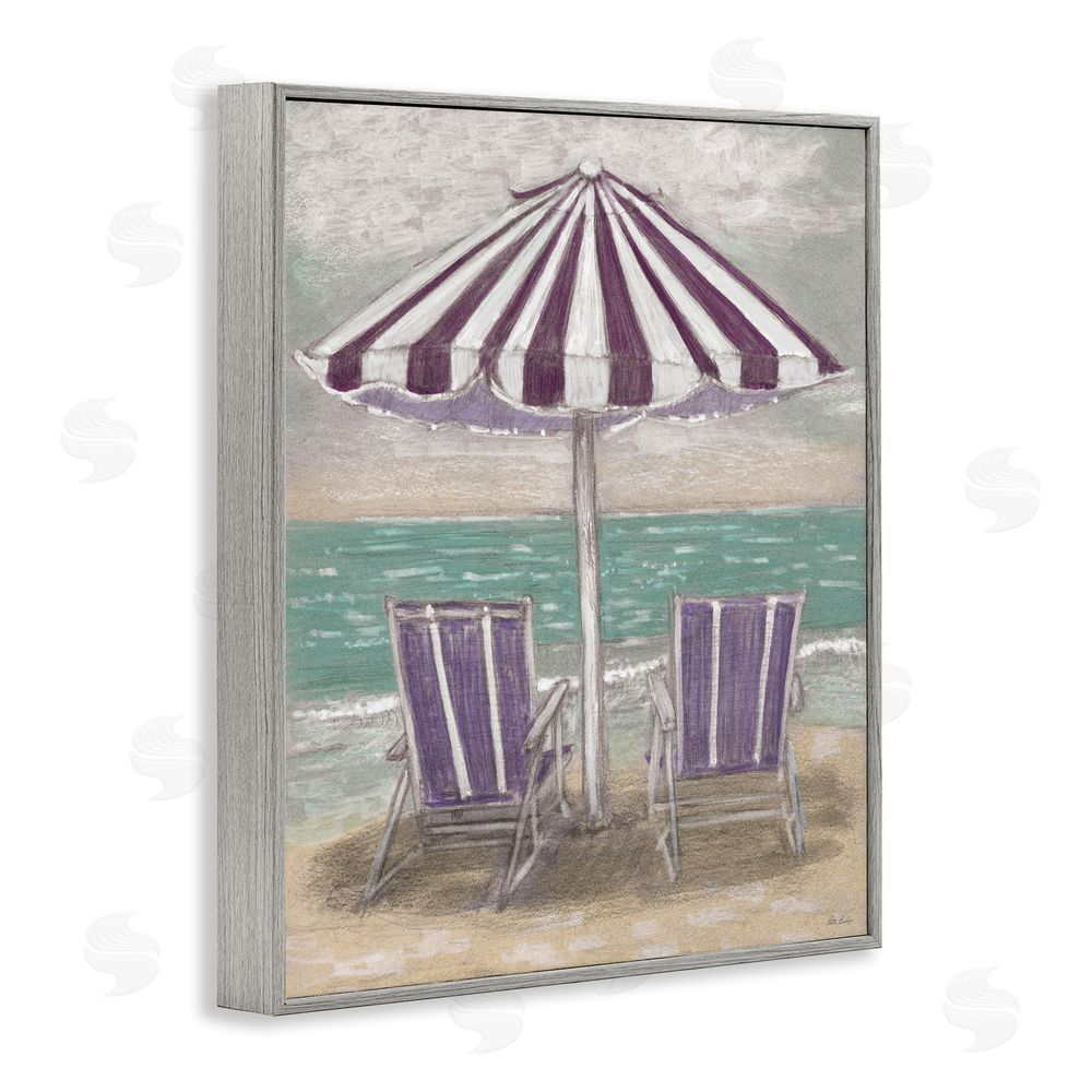 Patti Bishop Umbrella & Chairs on Beach Gray Framed Giclee Wall Art Print
