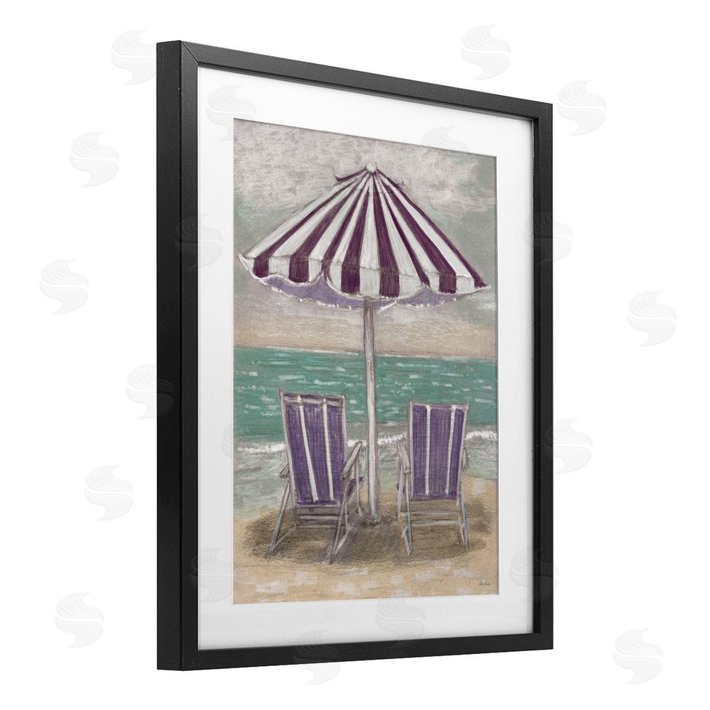 Patti Bishop Umbrella & Chairs on Beach Black Framed Print Under Glass Wall Art
