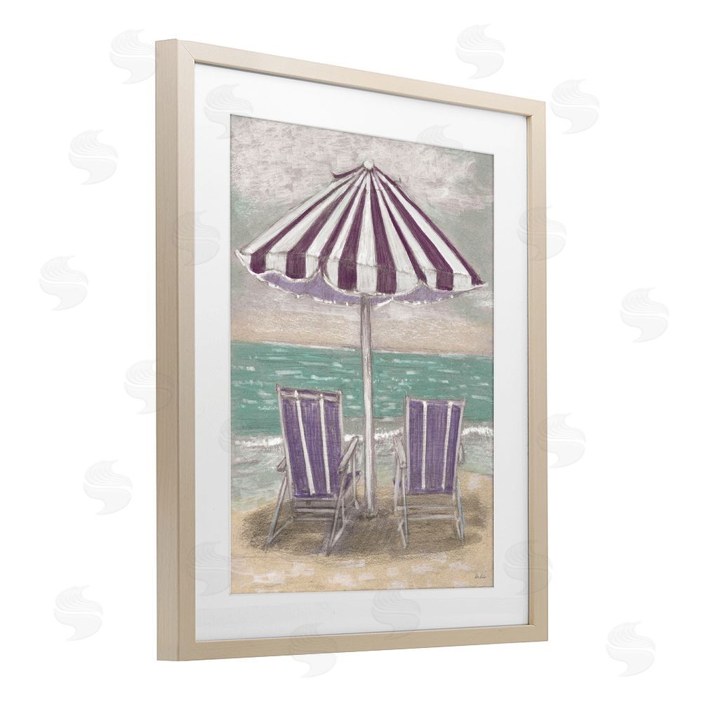 Patti Bishop Umbrella & Chairs on Beach Brown Framed Print Under Glass Wall Art