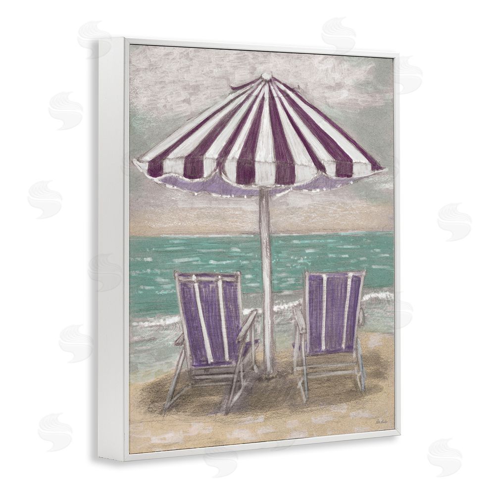Patti Bishop Umbrella & Chairs on Beach White Framed Giclee Wall Art Print