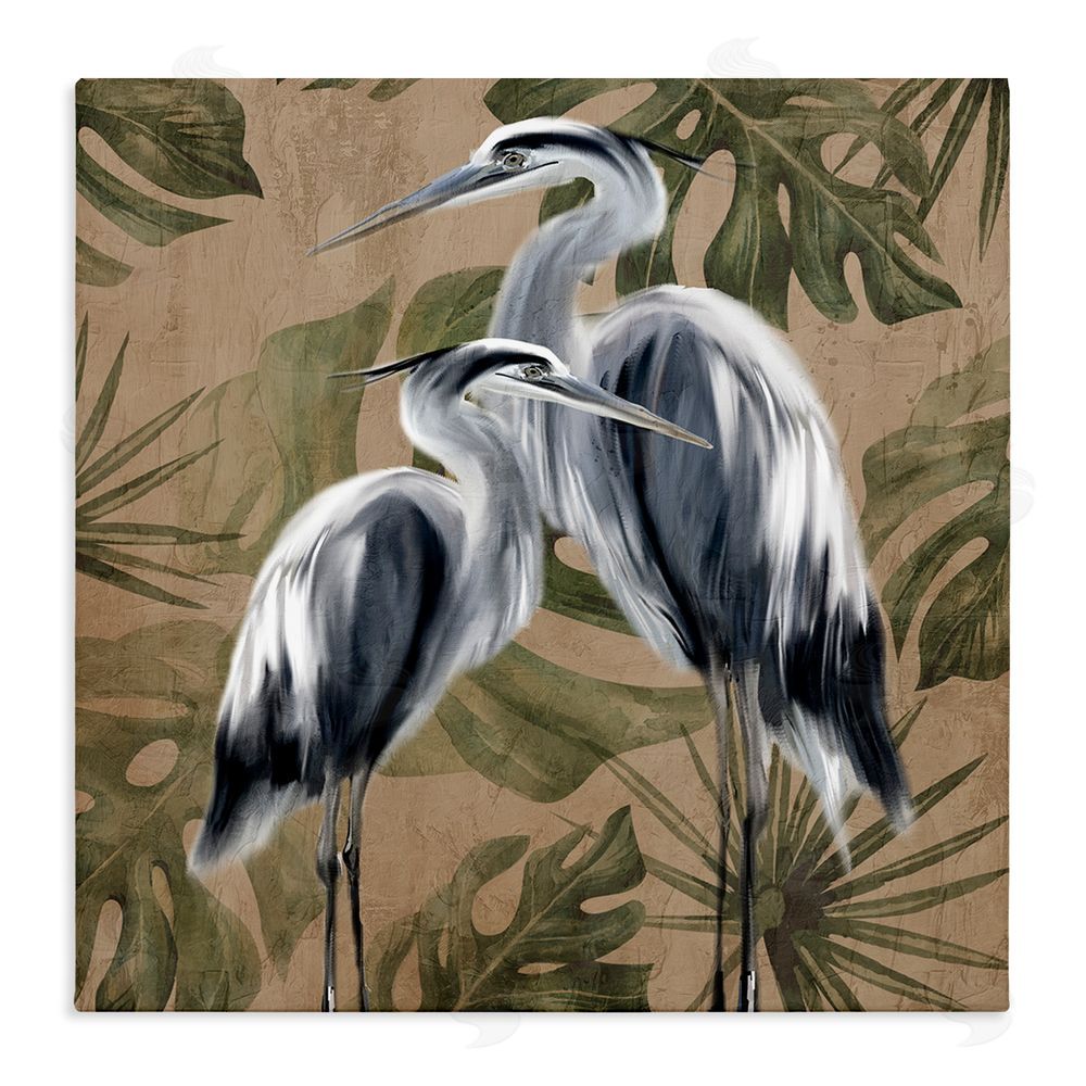 Kim Allen Two Herons over Tropical Leaves Stretched Canvas Wall Art Print