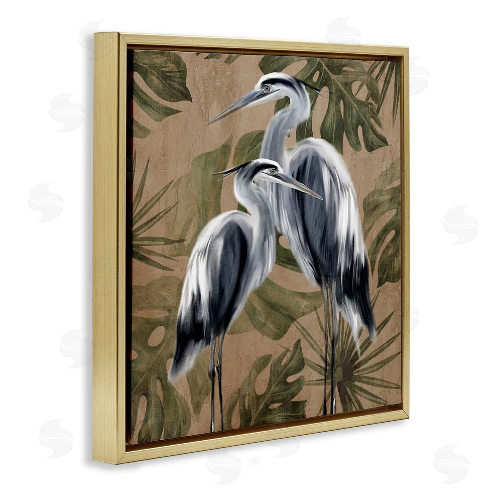 Kim Allen Two Herons over Tropical Leaves Gold Floating Frame Canvas Wall Art Print