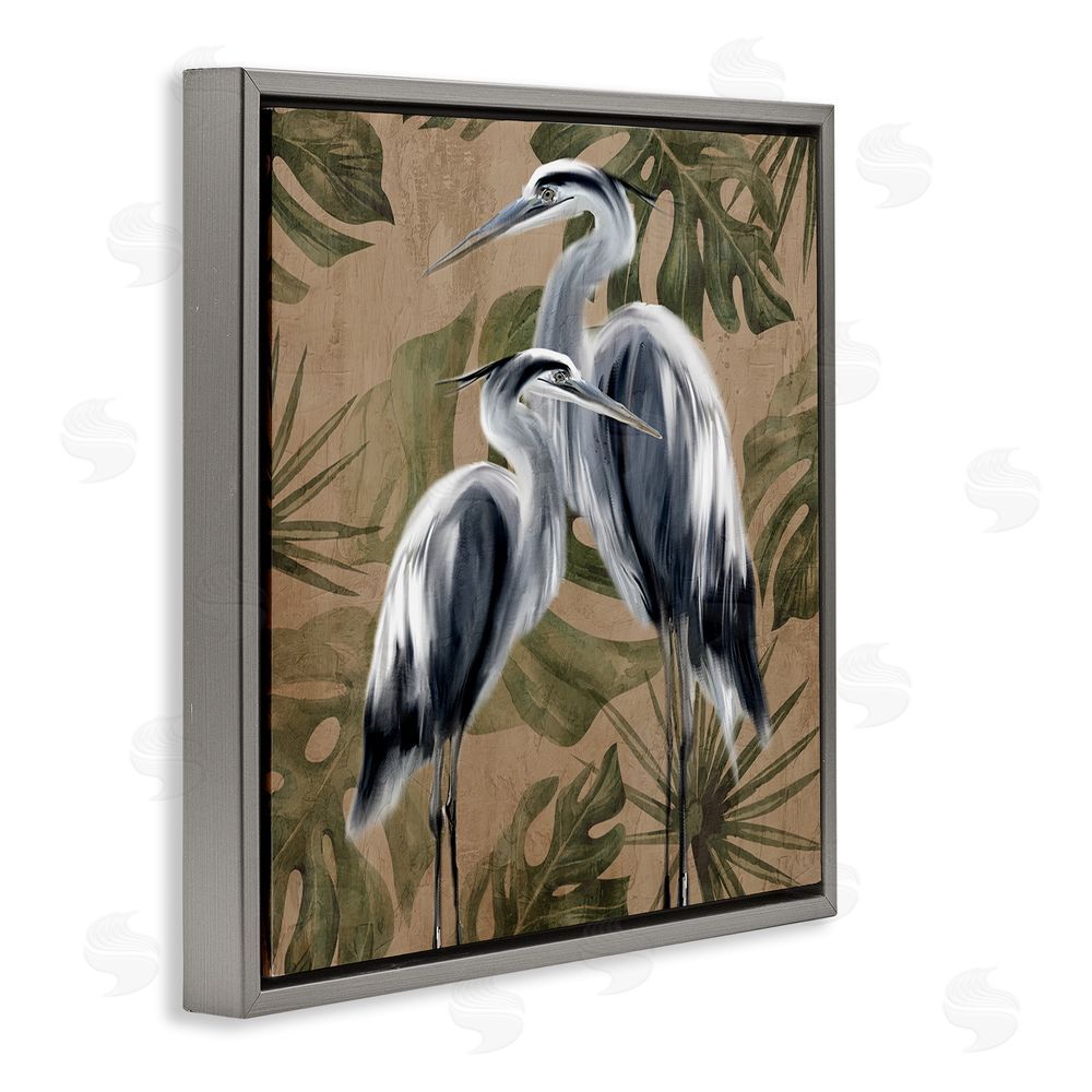 Kim Allen Two Herons over Tropical Leaves Gray Floating Frame Canvas Wall Art Print