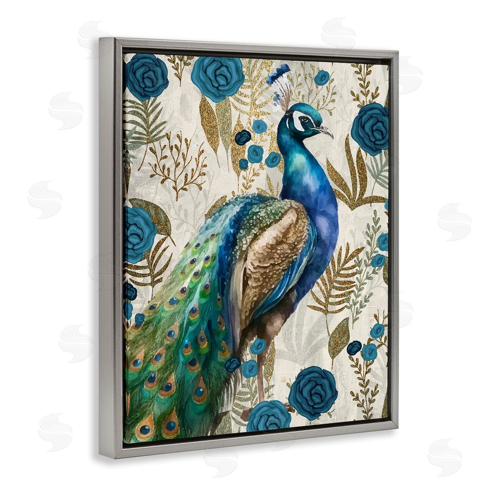 Kim Allen Peacock Pride Botanicals Gray Floating Frame Canvas Wall Art Print