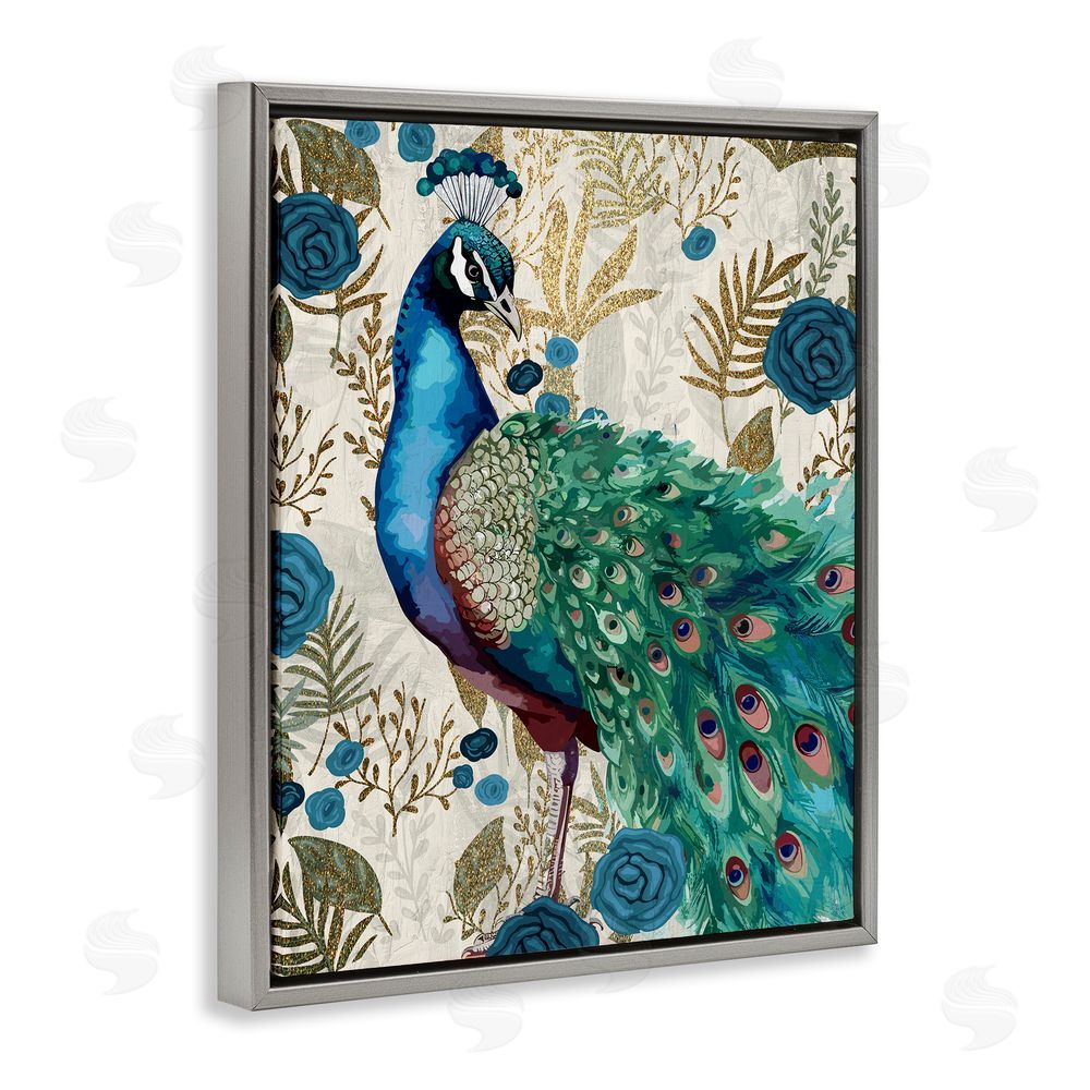 Kim Allen Rococo Peacock Pride Gray Floating Frame Canvas Wall Art Print