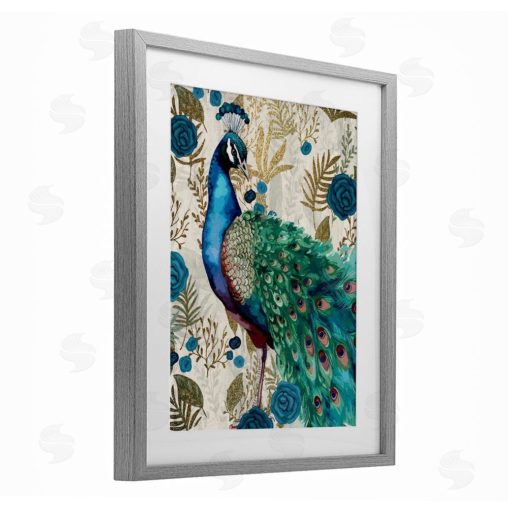 Kim Allen Rococo Peacock Pride Gray Framed Print Under Glass Wall Art