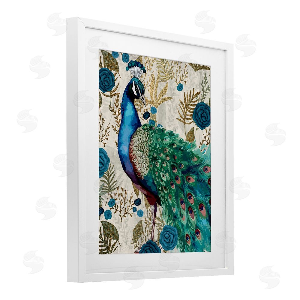 Kim Allen Rococo Peacock Pride White Framed Print Under Glass Wall Art