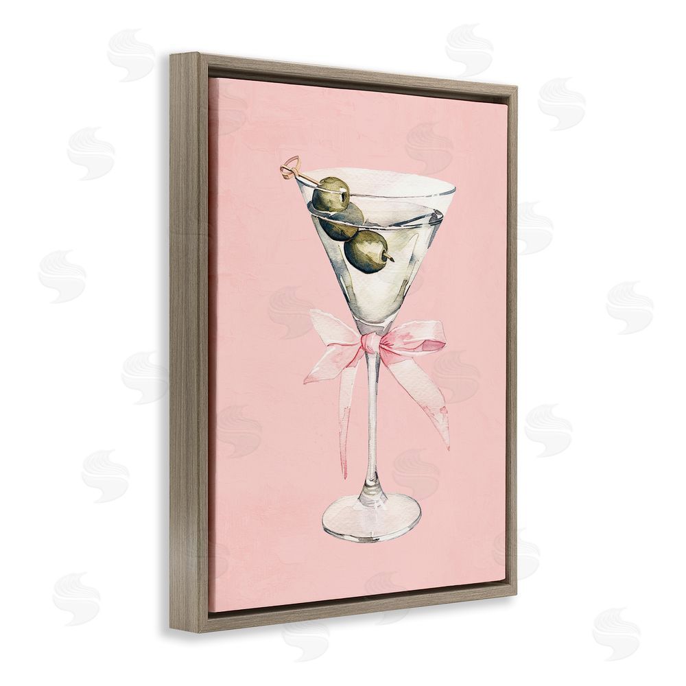Kim Allen Martini with Pink Bow Brown Floating Frame Canvas Wall Art Print