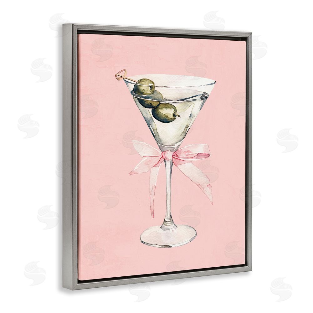 Kim Allen Martini with Pink Bow Gray Floating Frame Canvas Wall Art Print