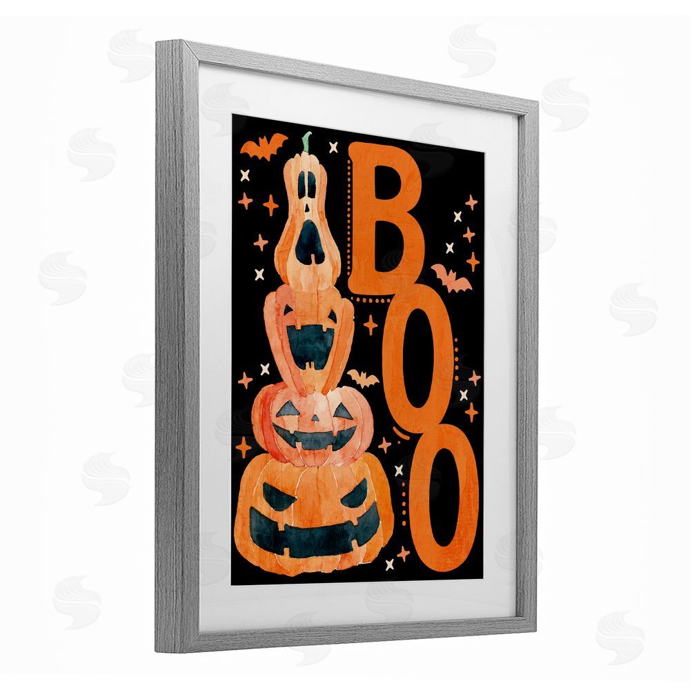 Kim Allen Boo with Whimsical Jack-o-Lanterns Gray Framed Print Under Glass with White Mat Wall Art