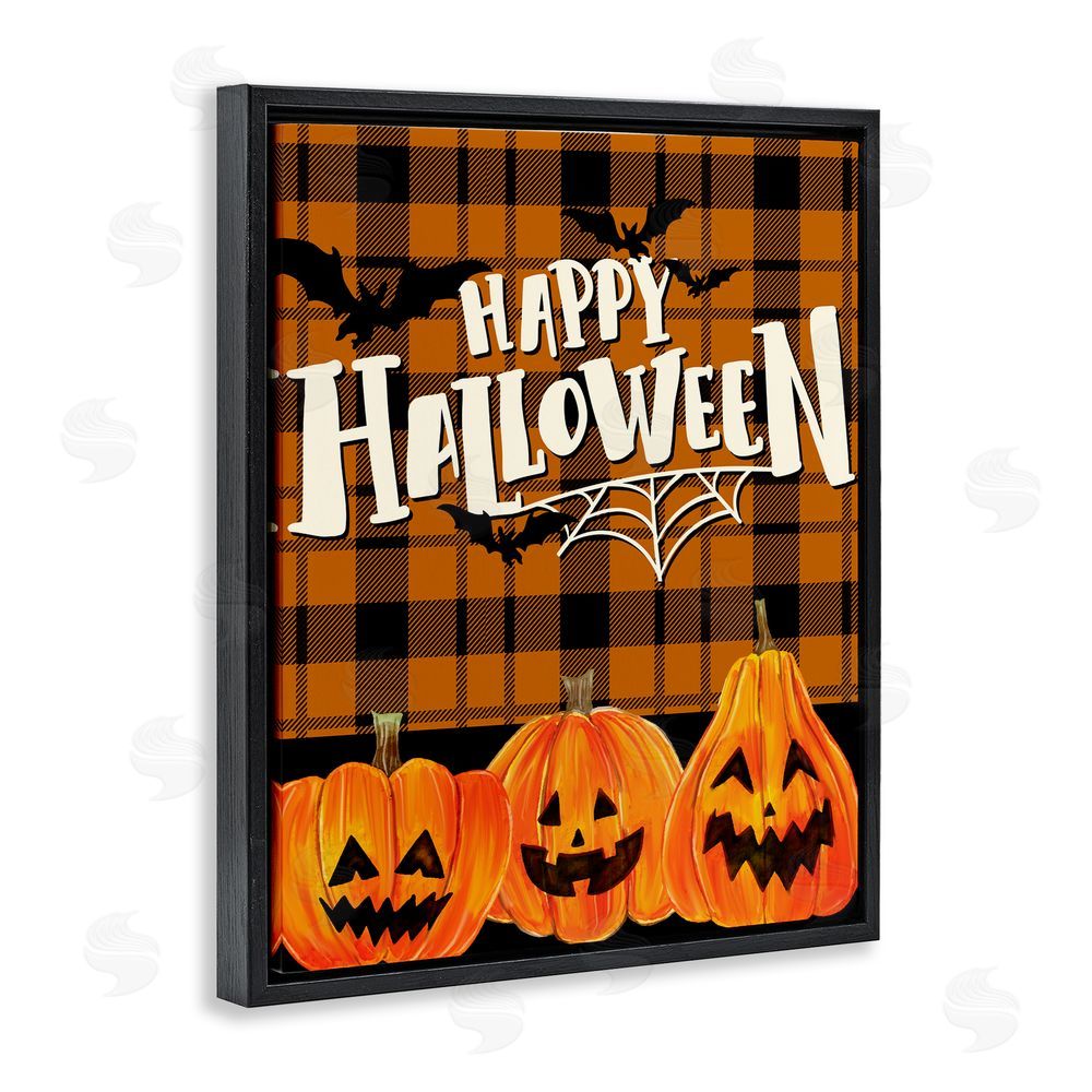 Kim Allen Halloween Jack-o-Lanterns on Plaid Black Floating Frame Canvas Wall Art Print