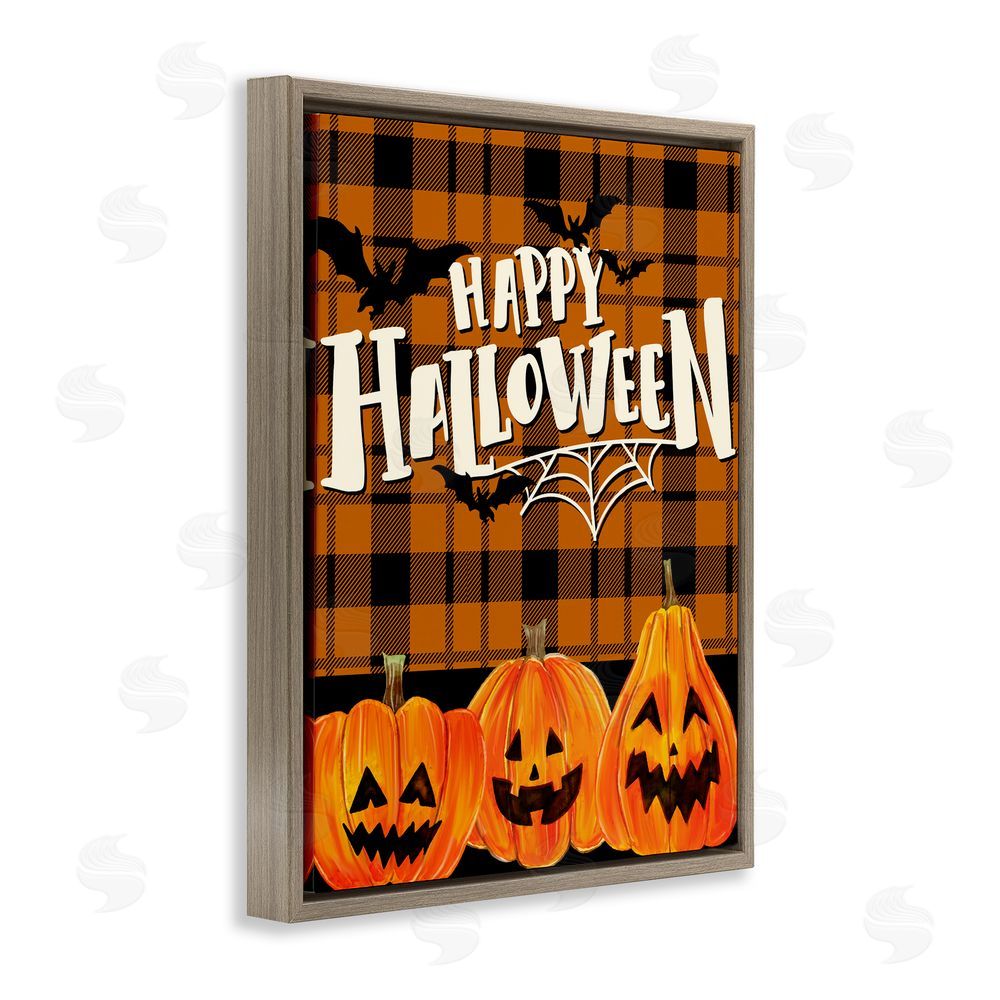 Kim Allen Halloween Jack-o-Lanterns on Plaid Brown Floating Frame Canvas Wall Art Print