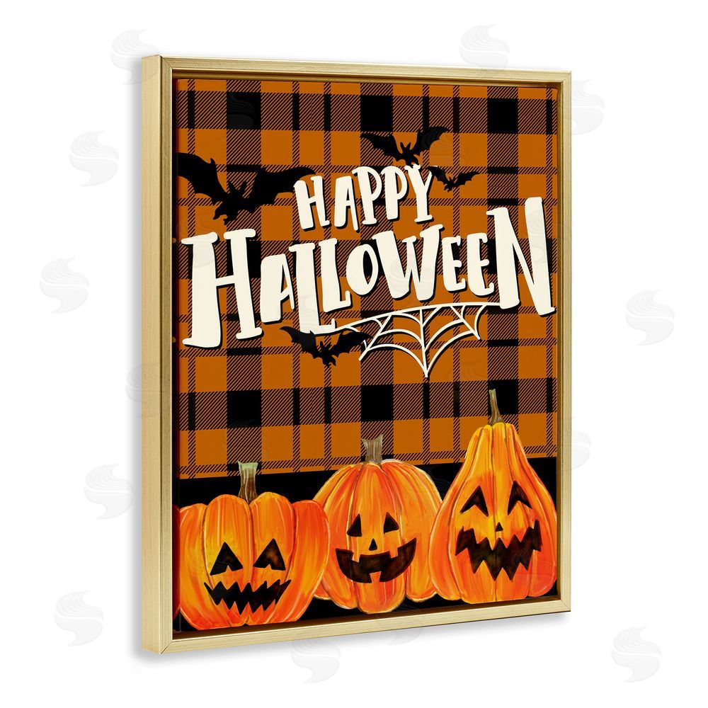 Kim Allen Halloween Jack-o-Lanterns on Plaid Gold Floating Frame Canvas Wall Art Print