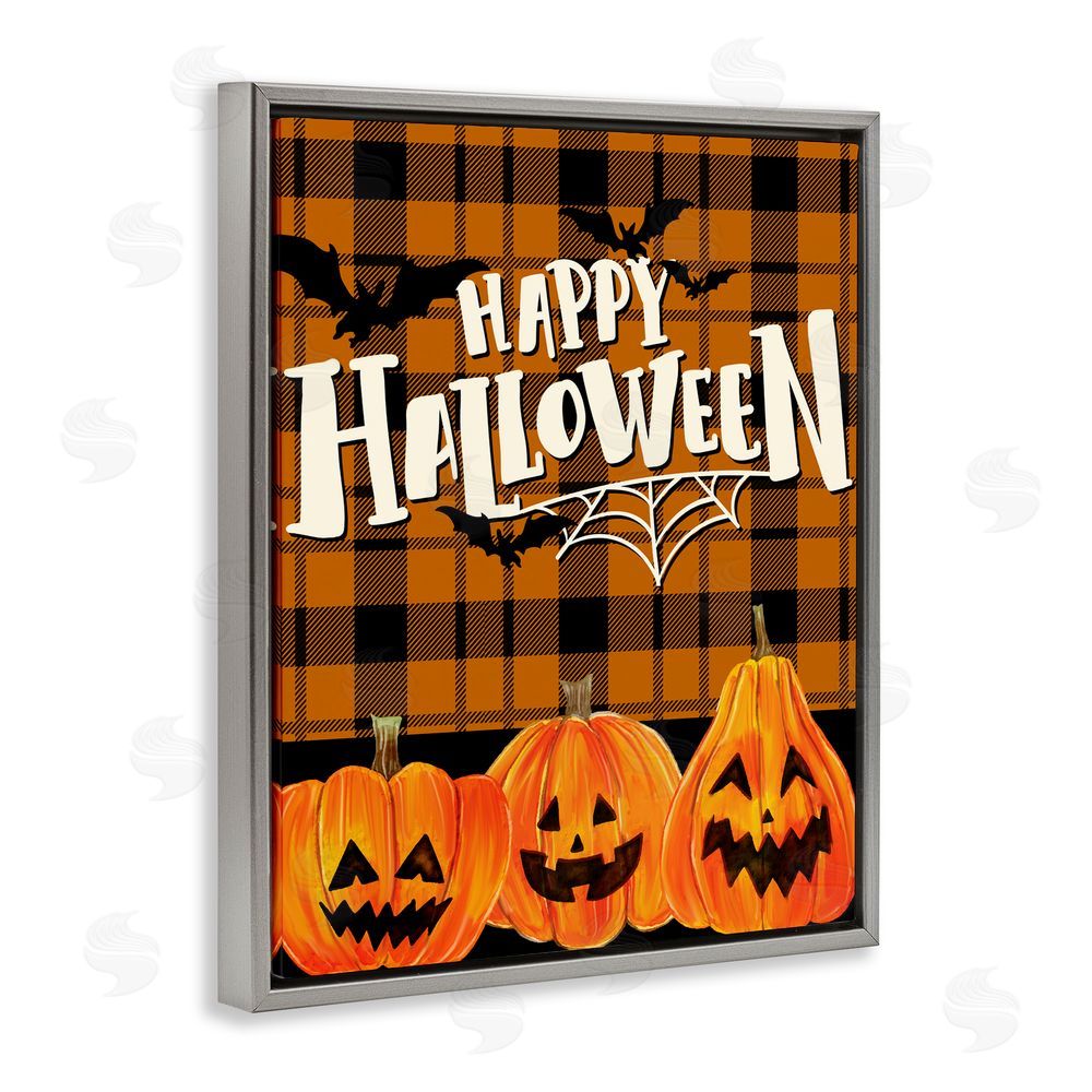 Kim Allen Halloween Jack-o-Lanterns on Plaid Gray Floating Frame Canvas Wall Art Print