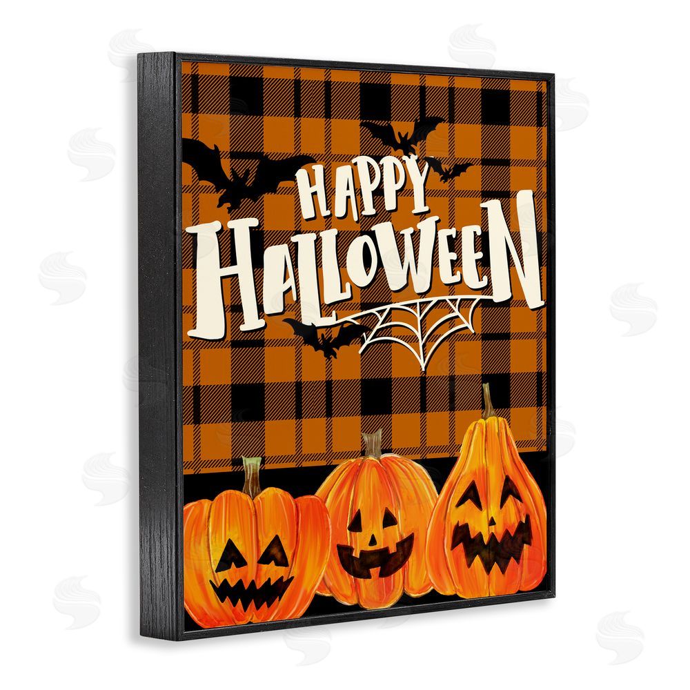 Kim Allen Halloween Jack-o-Lanterns on Plaid Black Framed Giclee Wall Art Print