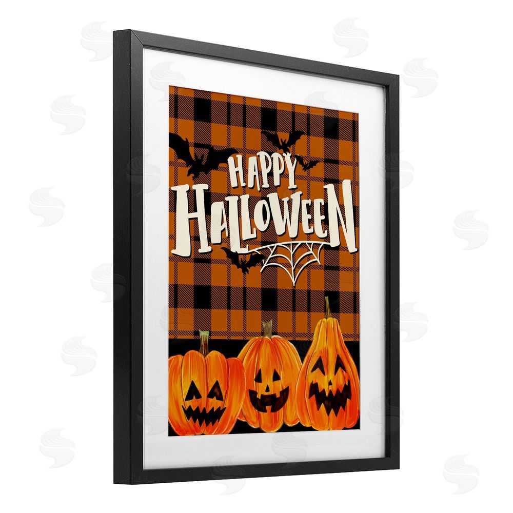 Kim Allen Halloween Jack-o-Lanterns on Plaid Black Framed Print Under Glass with White Mat Wall Art