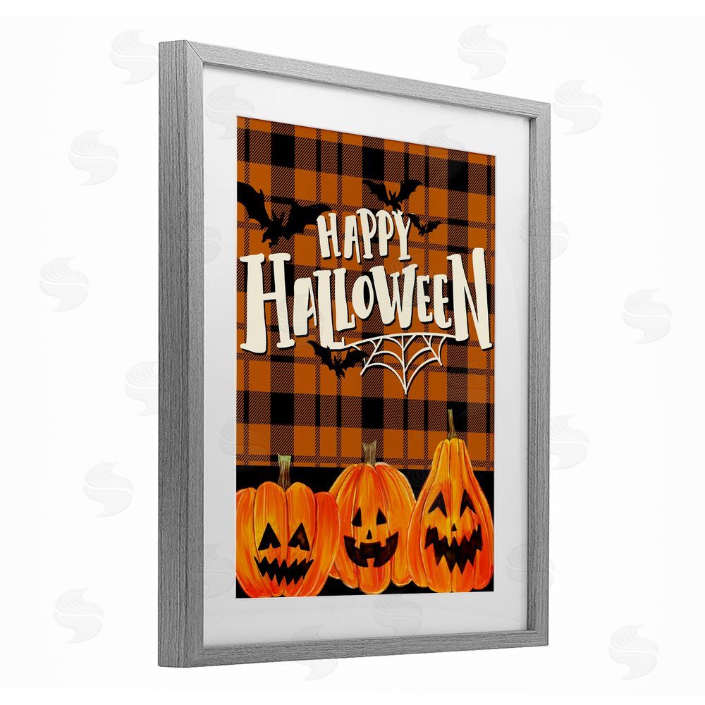 Kim Allen Halloween Jack-o-Lanterns on Plaid Gray Framed Print Under Glass with White Mat Wall Art
