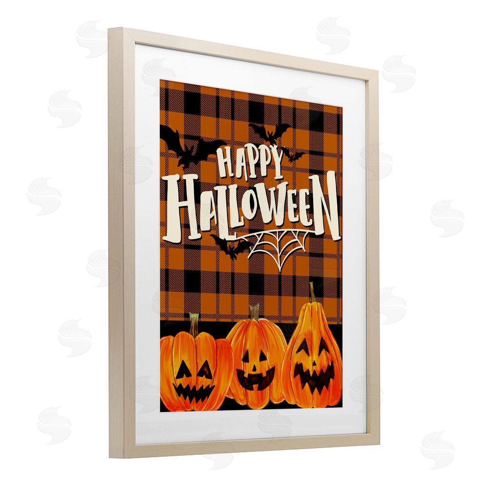Kim Allen Halloween Jack-o-Lanterns on Plaid Birch Framed Print Under Glass with White Mat Wall Art