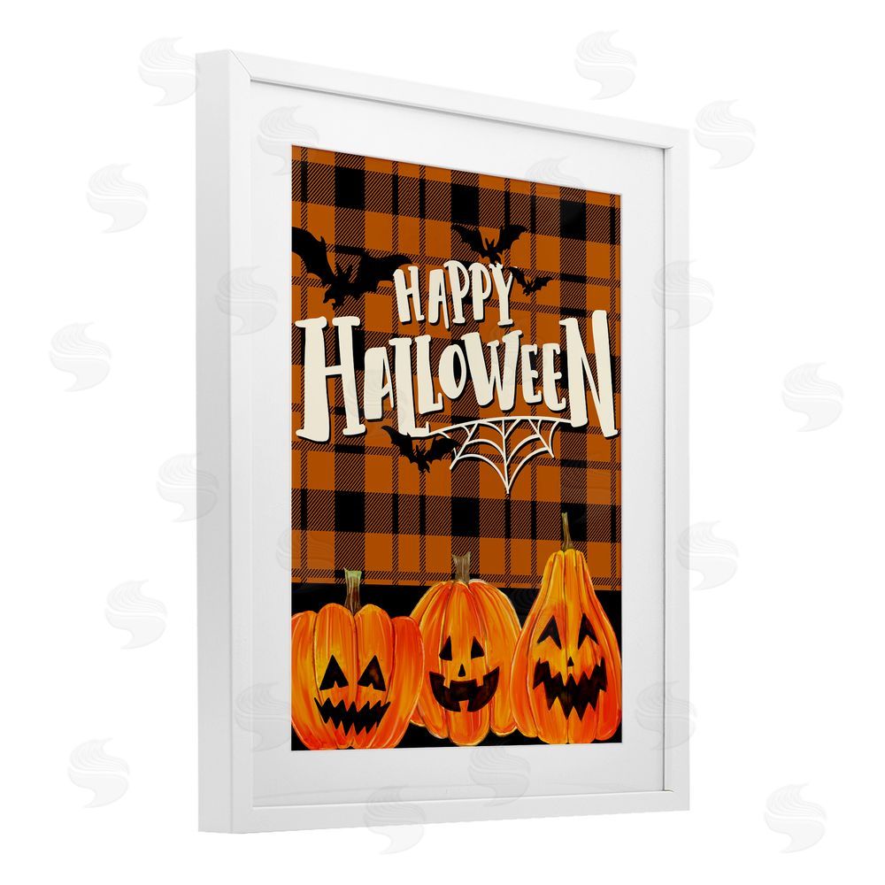 Kim Allen Halloween Jack-o-Lanterns on Plaid White Framed Print Under Glass with Mat Wall Art