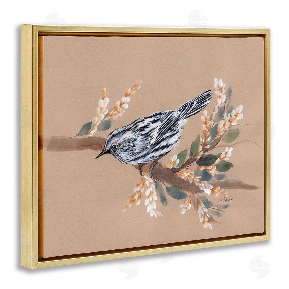 Cady Driver Bird on Delicate Branch Gold Floating Frame Canvas Wall Art Print