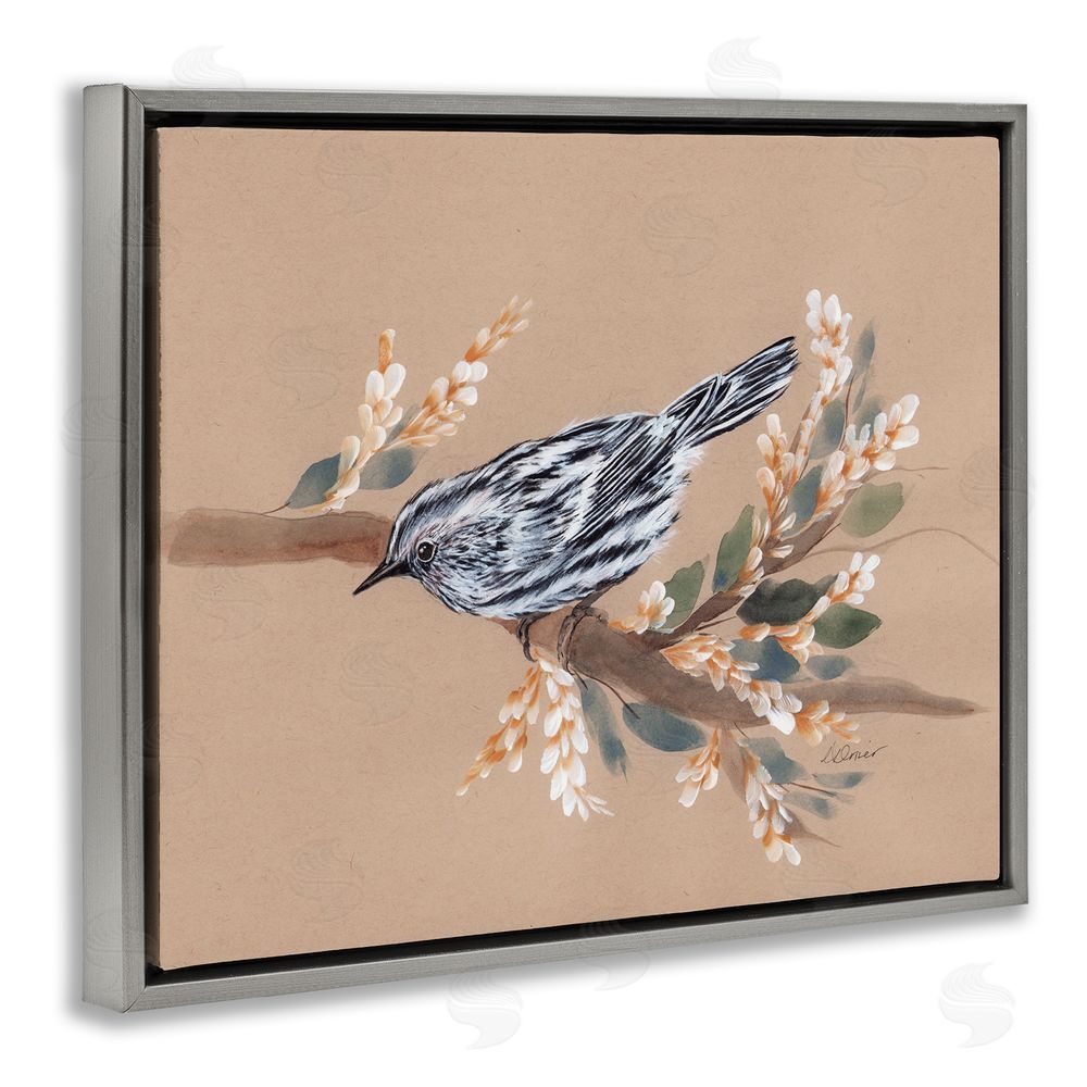 Cady Driver Bird on Delicate Branch Gray Floating Frame Canvas Wall Art Print