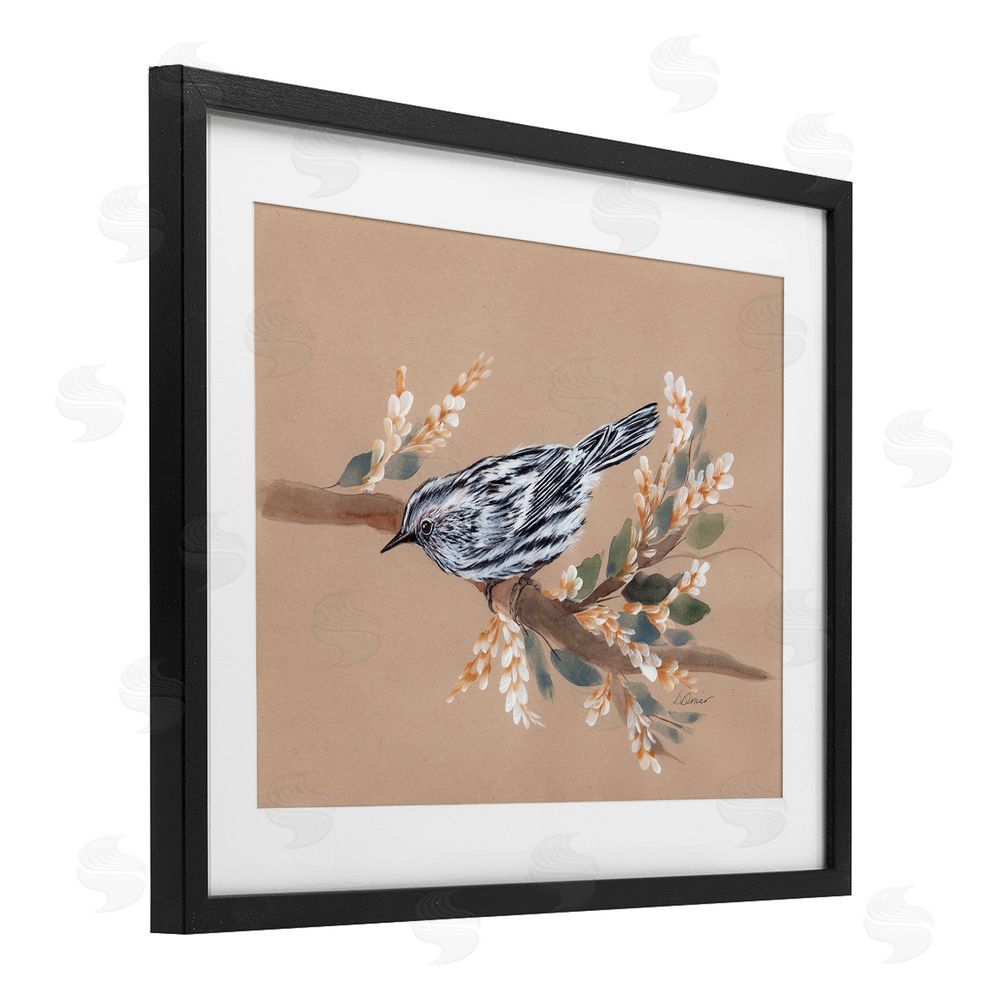 Cady Driver Bird on Delicate Branch Black Framed Print Under Glass with White Mat Wall Art