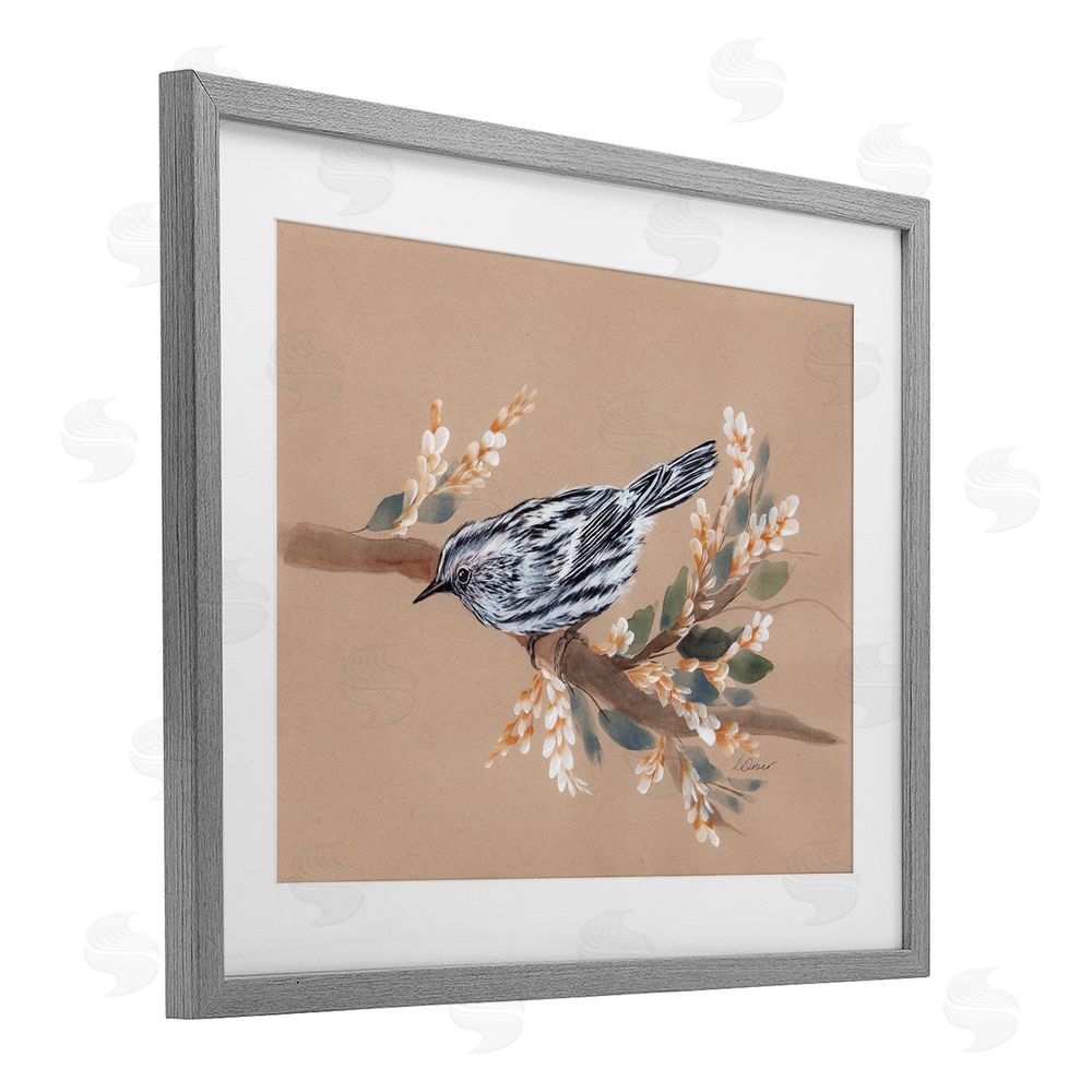 Cady Driver Bird on Delicate Branch Gray Framed Print Under Glass with White Mat Wall Art