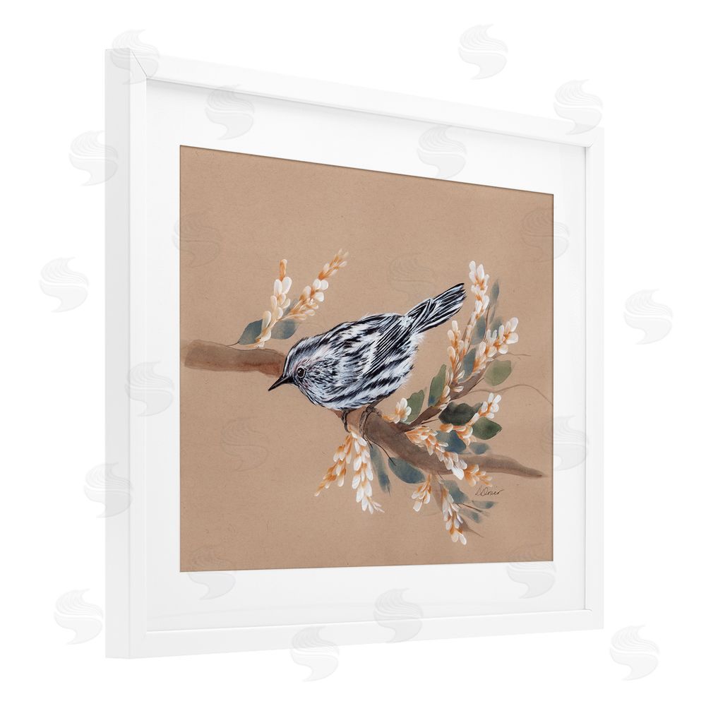 Cady Driver Bird on Delicate Branch White Framed Print Under Glass with Mat Wall Art
