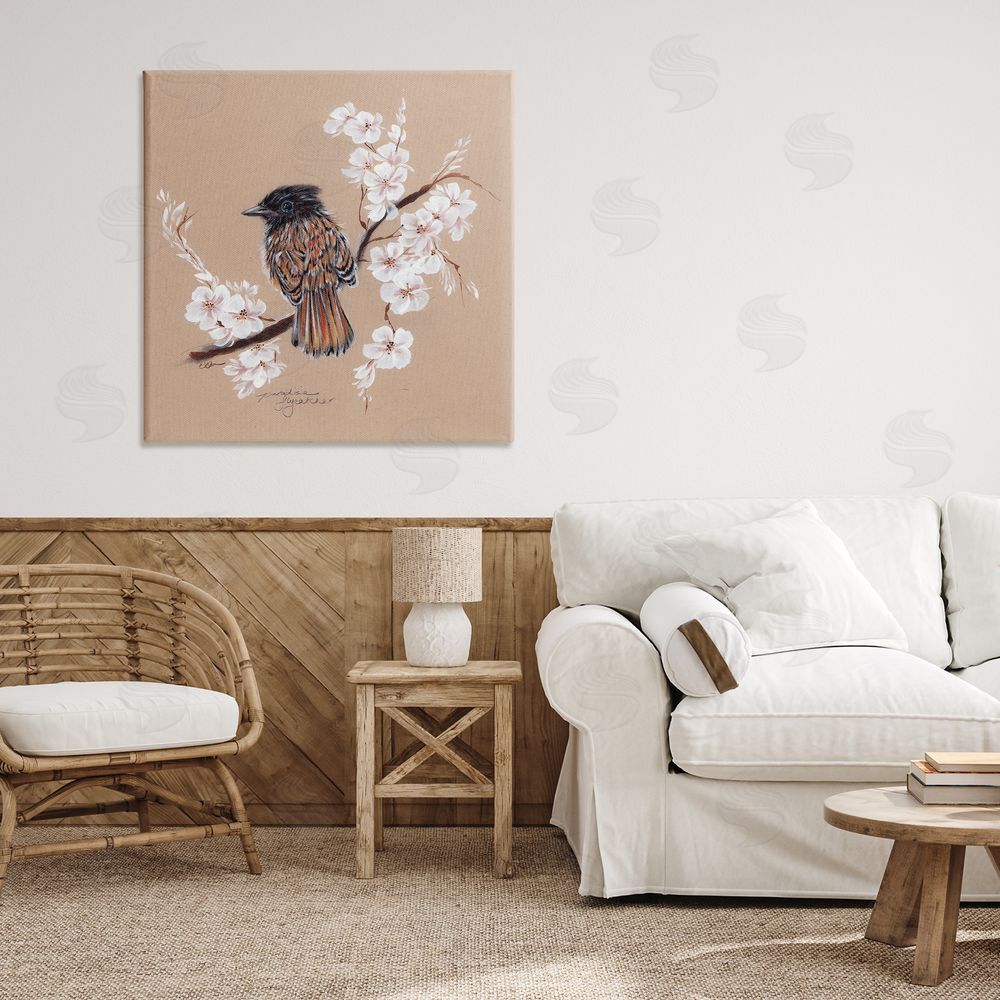 Cady Driver Perched Bird Neutral Apple Blossoms Canvas Art on Wall