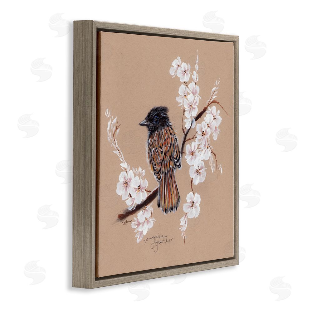 Cady Driver Perched Bird Neutral Apple Blossoms Brown Floating Frame Canvas Wall Art Print