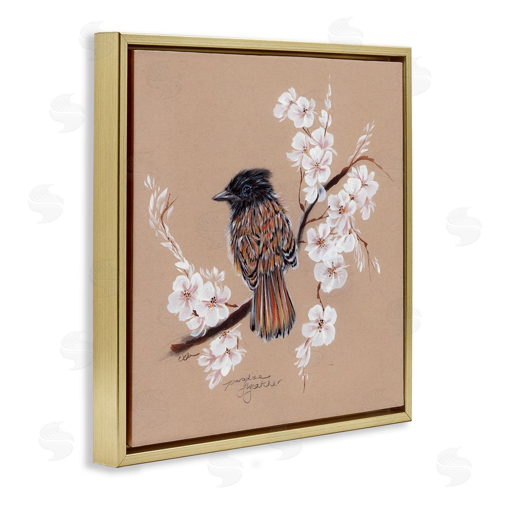 Cady Driver Perched Bird Neutral Apple Blossoms Gold Floating Frame Canvas Wall Art Print
