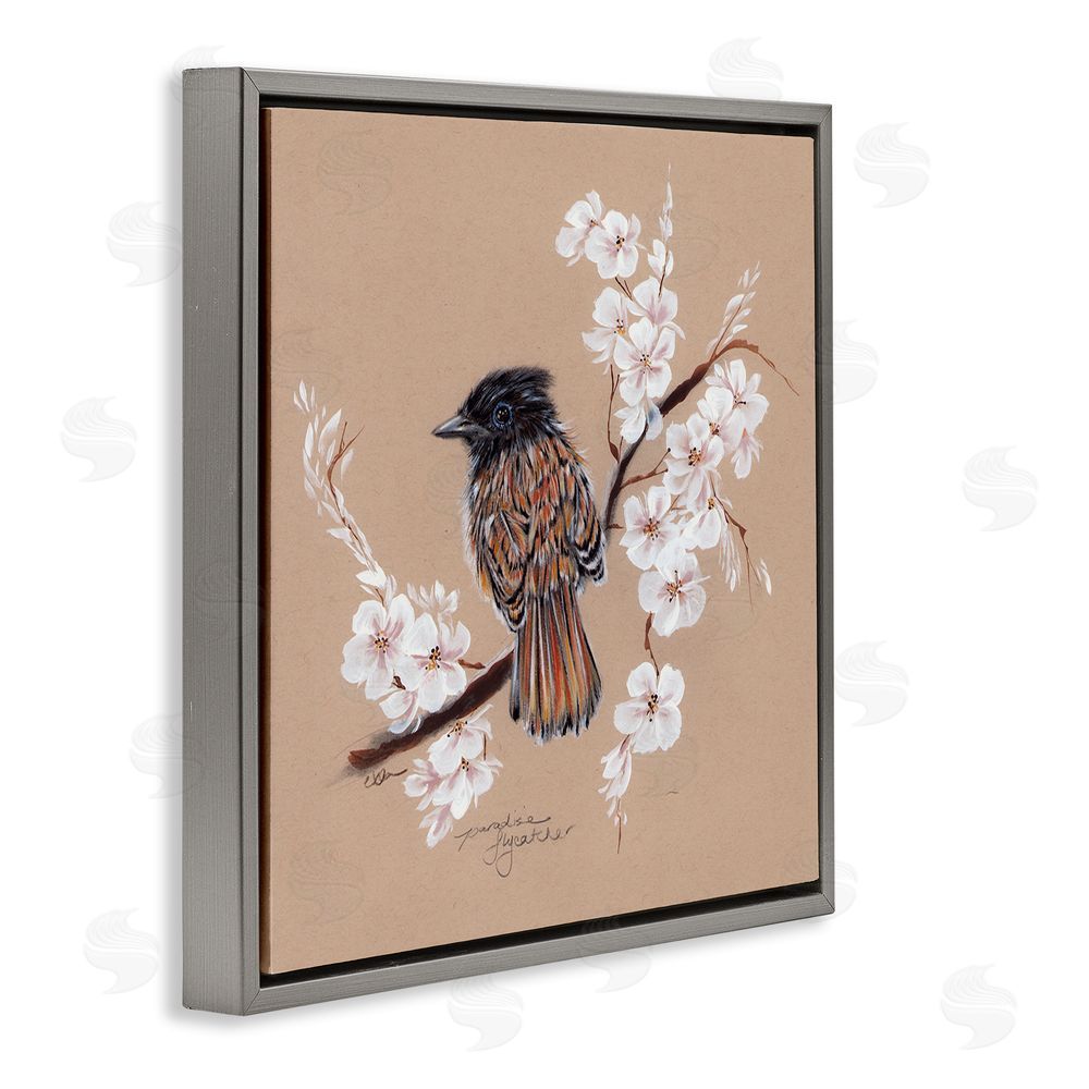 Cady Driver Perched Bird Neutral Apple Blossoms Gray Floating Frame Canvas Wall Art Print