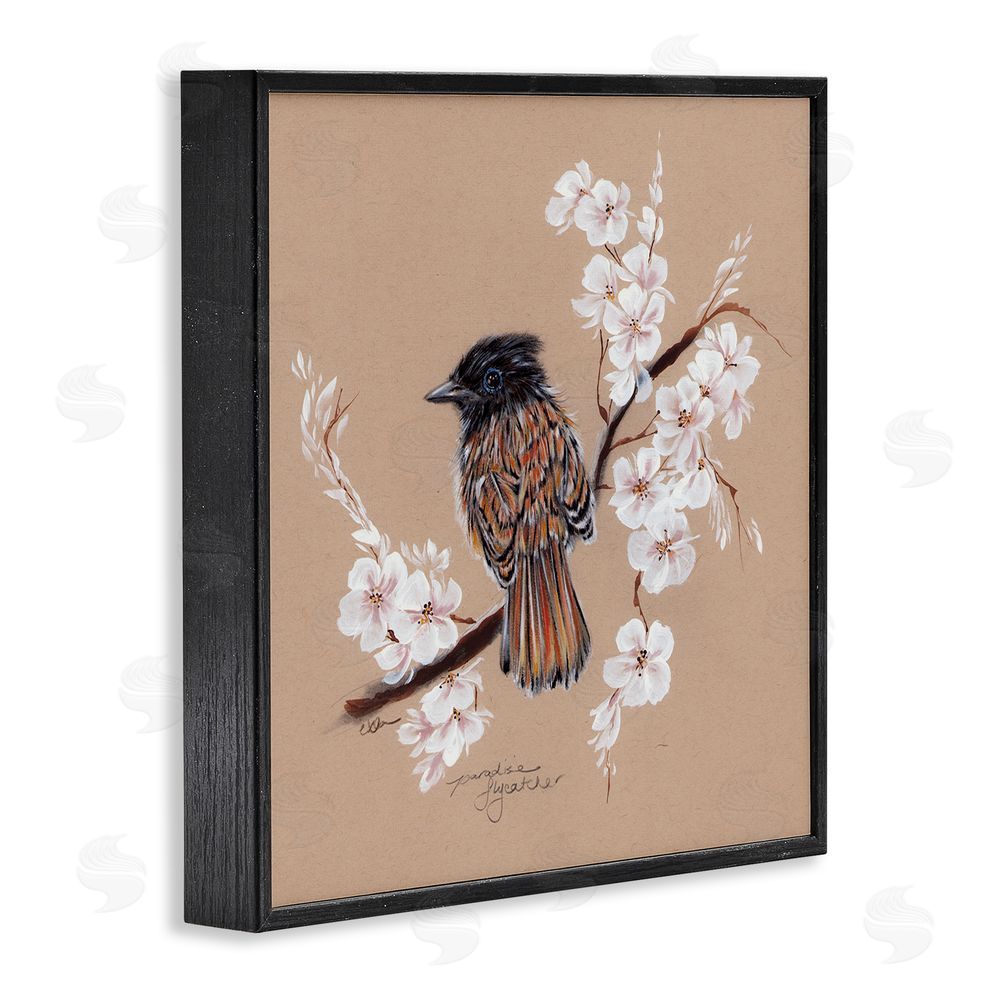 Cady Driver Perched Bird Neutral Apple Blossoms Black Framed Giclee Wall Art Print